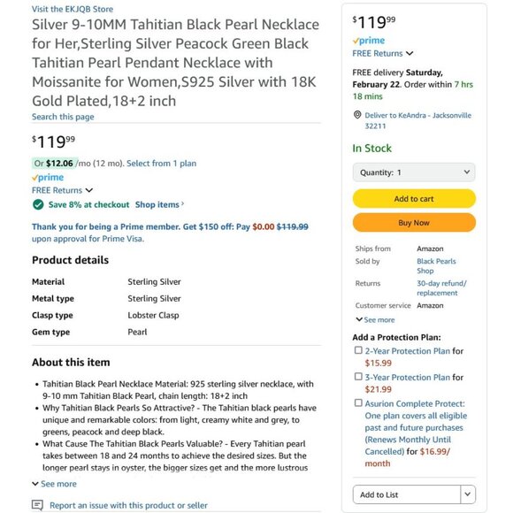 9-10mm Tahitian Pearl Necklace, Sterling Silver, Moissanite, 18+2" - Picture 8 of 8